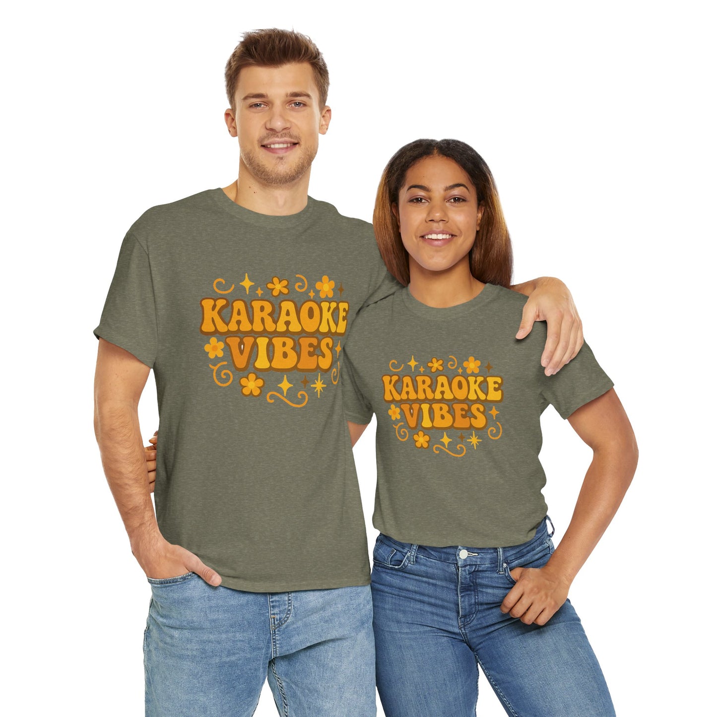 Printify karaoke vibes t-shirt worn by man and woman in green casual tees with orange text design
