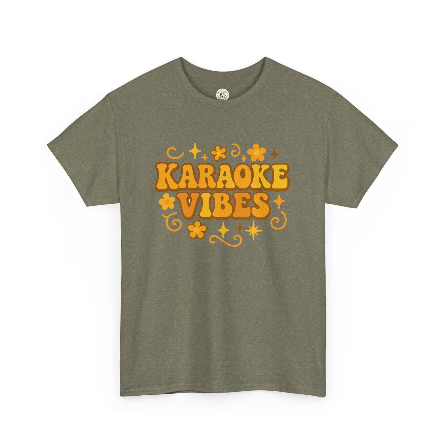 Printify karaoke vibes t-shirt with retro orange text and floral design on olive green fabric