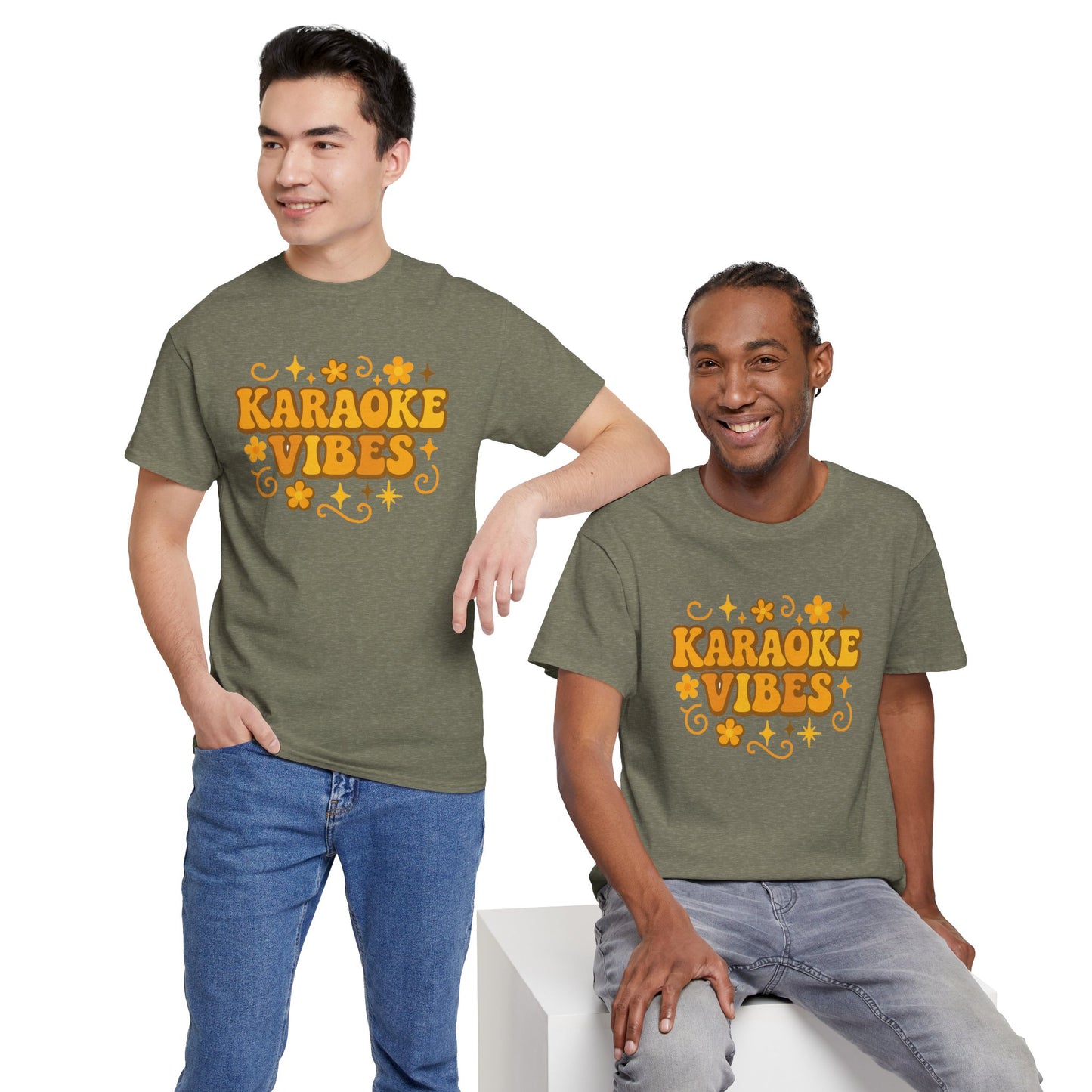 Two men wearing olive green karaoke vibes t-shirt with yellow floral design from Printify
