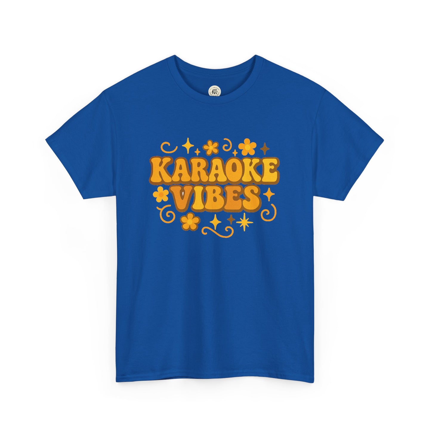 Blue Printify karaoke vibes t-shirt with retro orange lettering and flower design