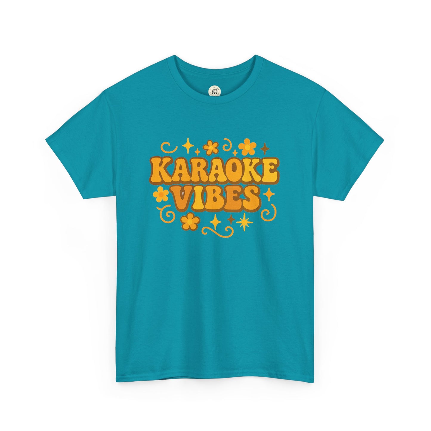Printify turquoise karaoke vibes t-shirt with retro orange lettering and floral design