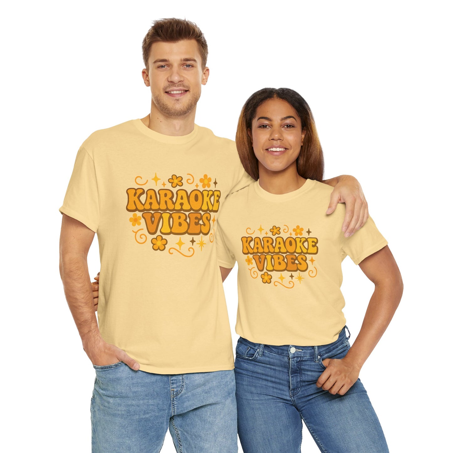 Printify karaoke vibes t-shirt in pale yellow worn by man and woman with retro orange floral design