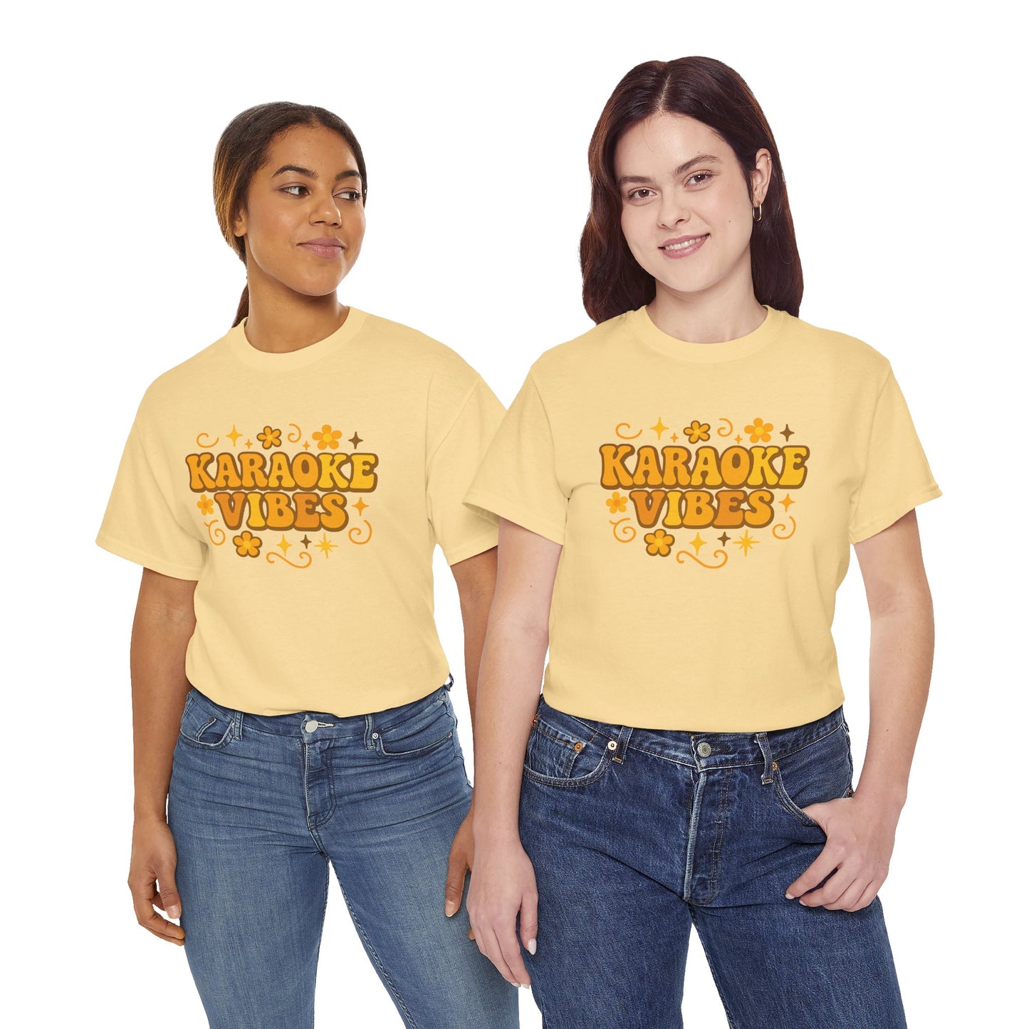 Two women wearing yellow Printify karaoke vibes t-shirt with floral and star designs