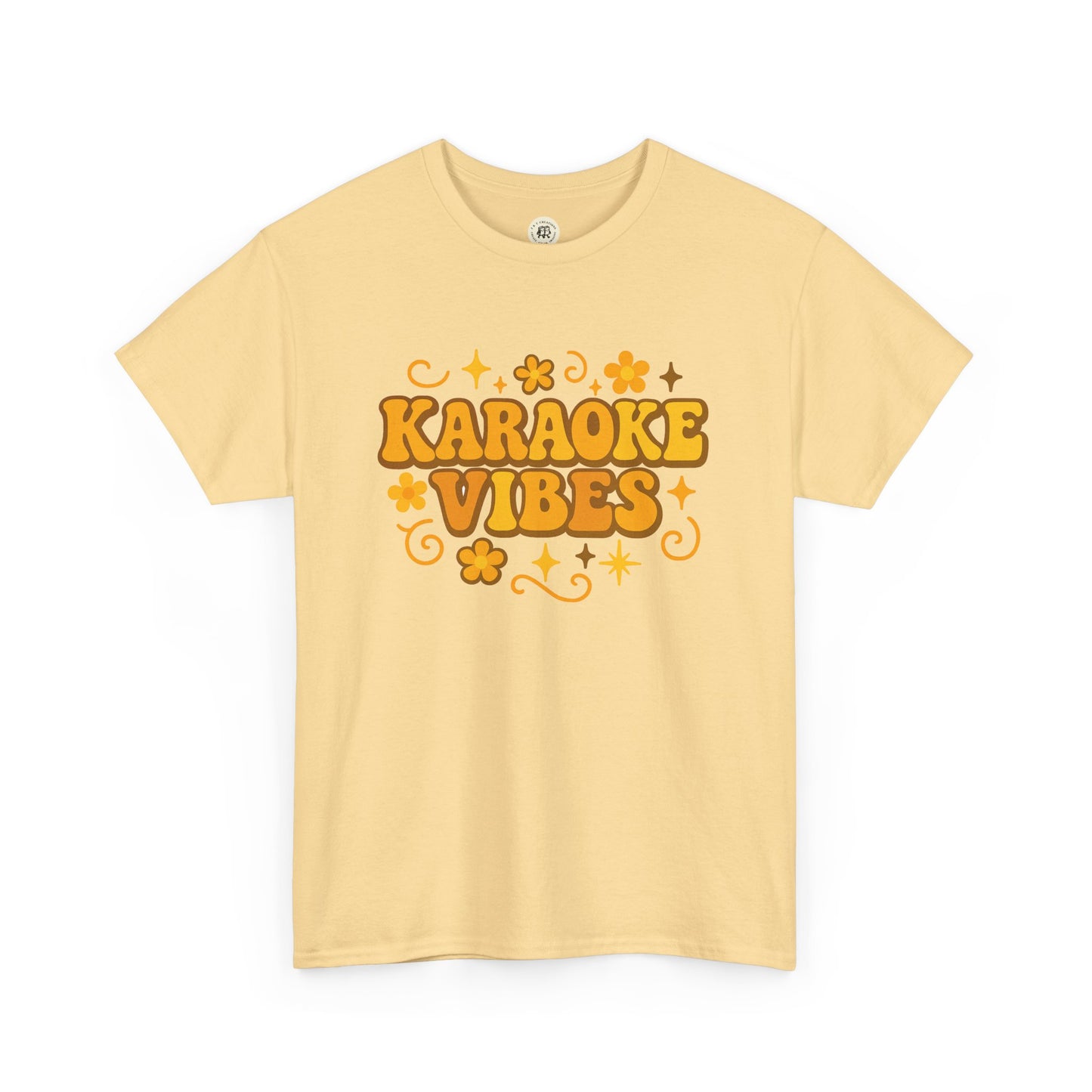Printify karaoke vibes t-shirt in light yellow with retro orange text and floral design