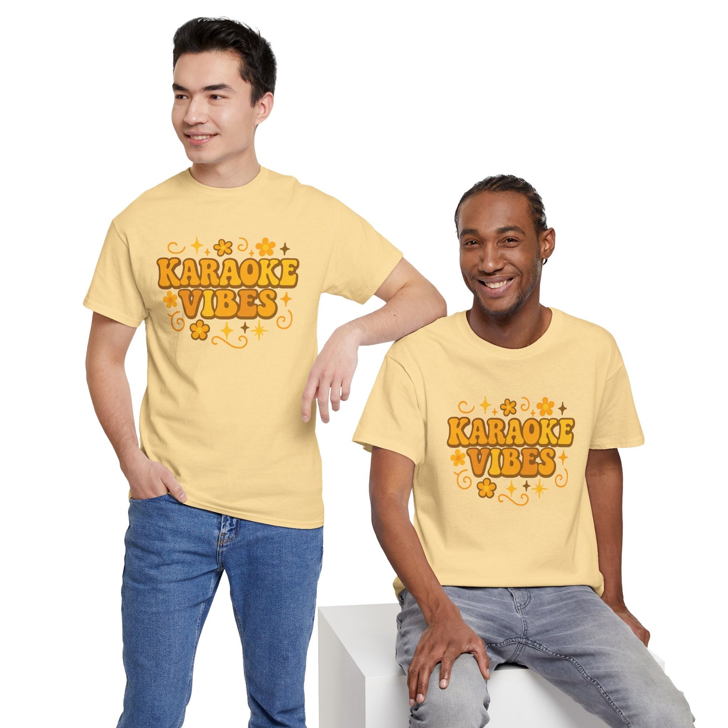 Printify karaoke vibes t-shirt in yellow worn by two men with floral and star designs