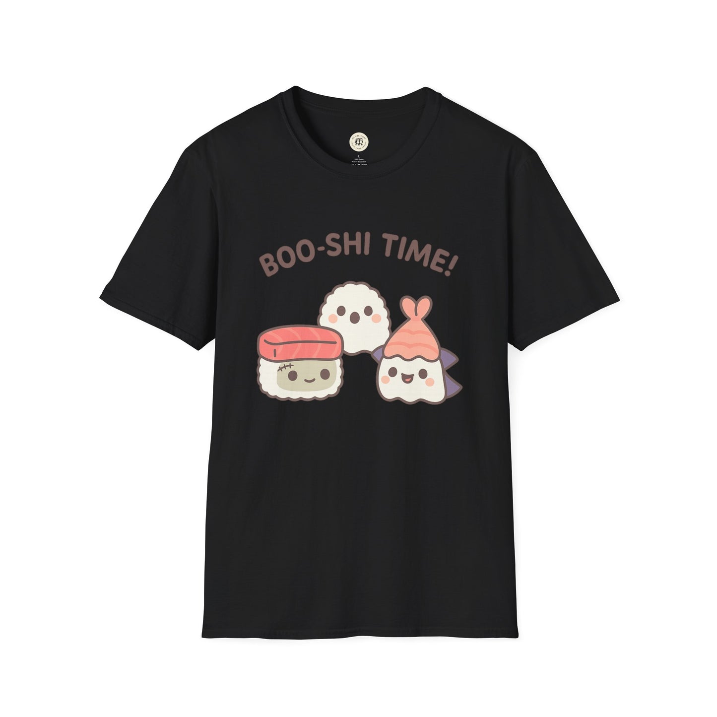 Black kawaii sushi t-shirt with cute sushi characters and boo-shi time text