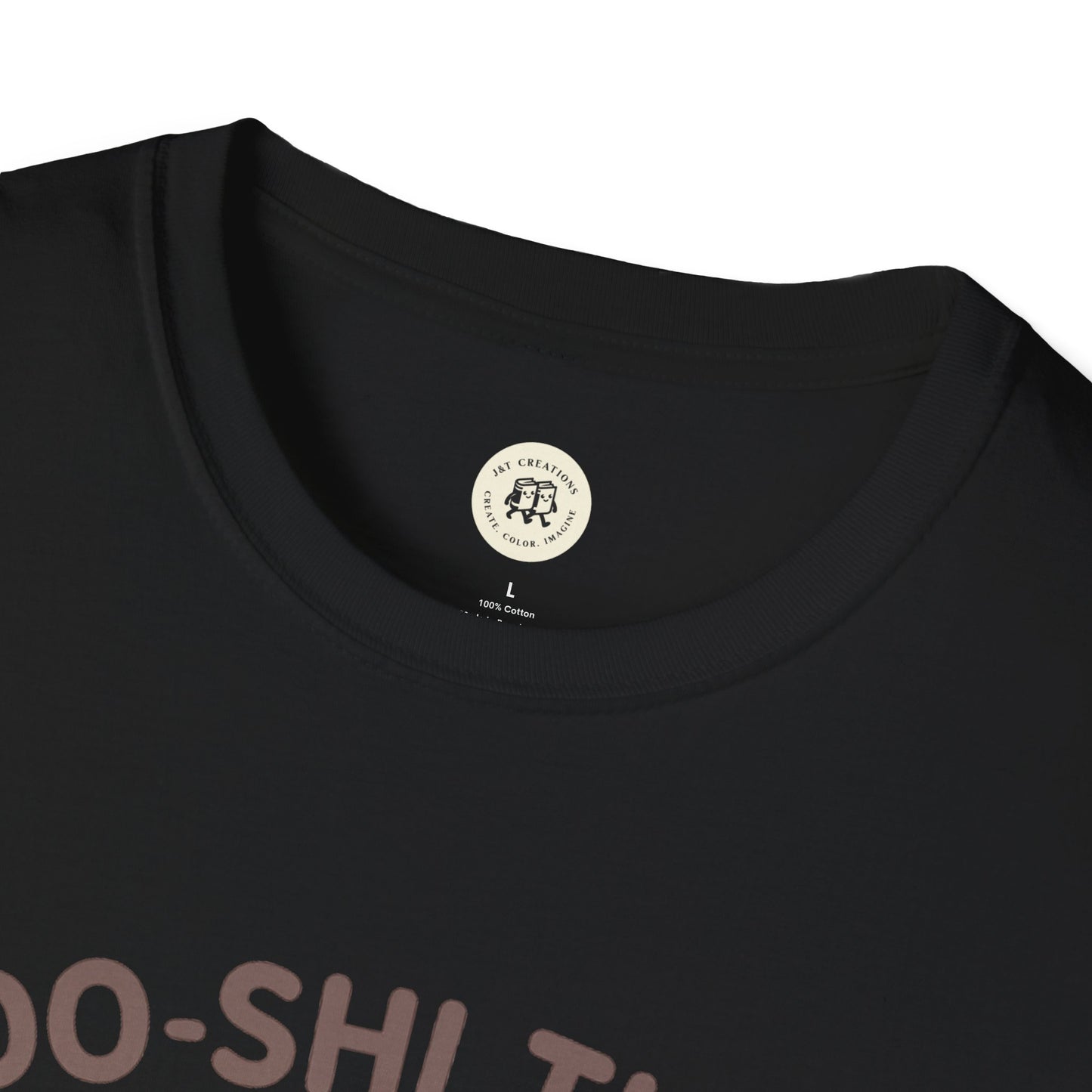 Close-up of black kawaii sushi t-shirt collar and fabric made by Printify in size large