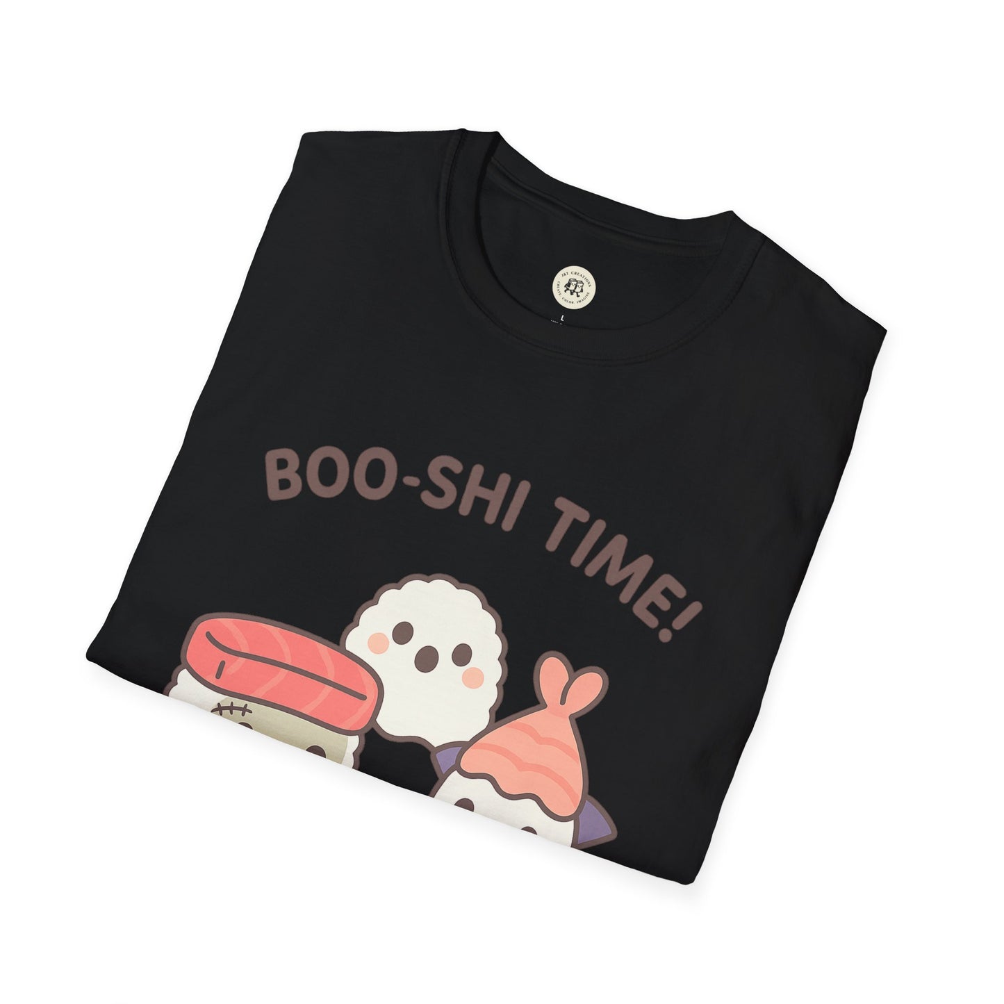 Black Printify kawaii sushi t-shirt with cute sushi characters and Boo-shi Time print