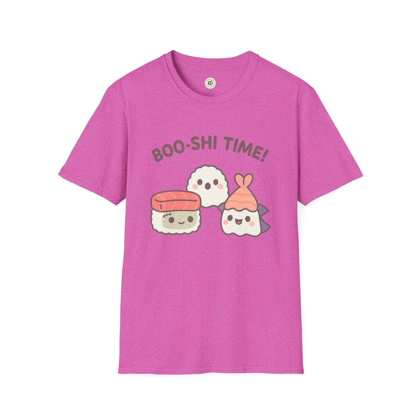 Printify pink kawaii sushi t-shirt featuring cute sushi characters and boo-shi time text