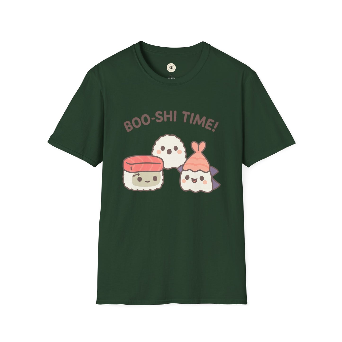 Printify kawaii sushi t-shirt with cute sushi characters and Boo-shi Time text on dark green fabric