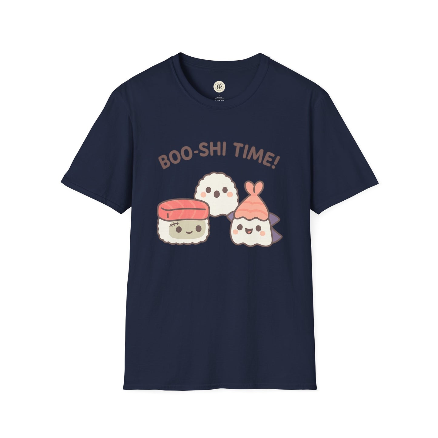 Navy Printify kawaii sushi t-shirt with cute sushi characters and Boo-shi Time text