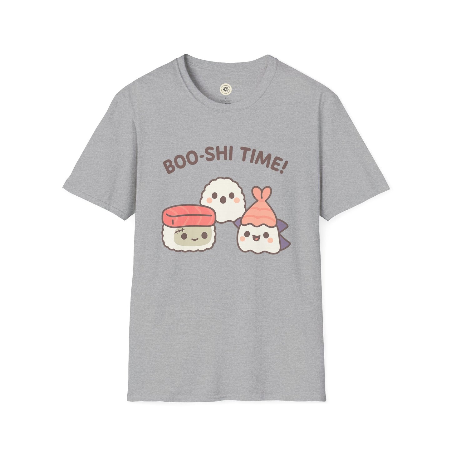 Gray Printify kawaii sushi t-shirt featuring cute sushi characters and Boo-shi Time text