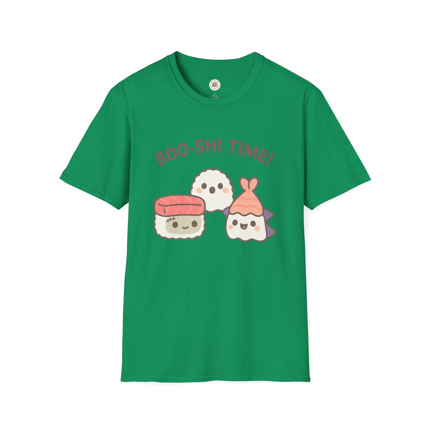 Green Printify kawaii sushi t-shirt with cute sushi characters and Boo-shi Time text