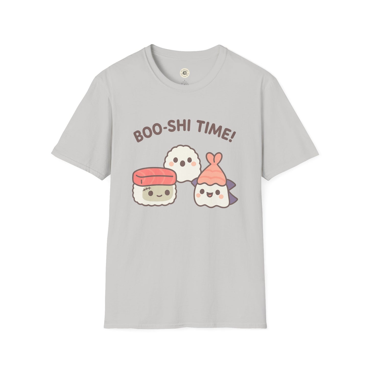 Printify kawaii sushi t-shirt with cute sushi characters and Boo-shi Time text on light gray fabric