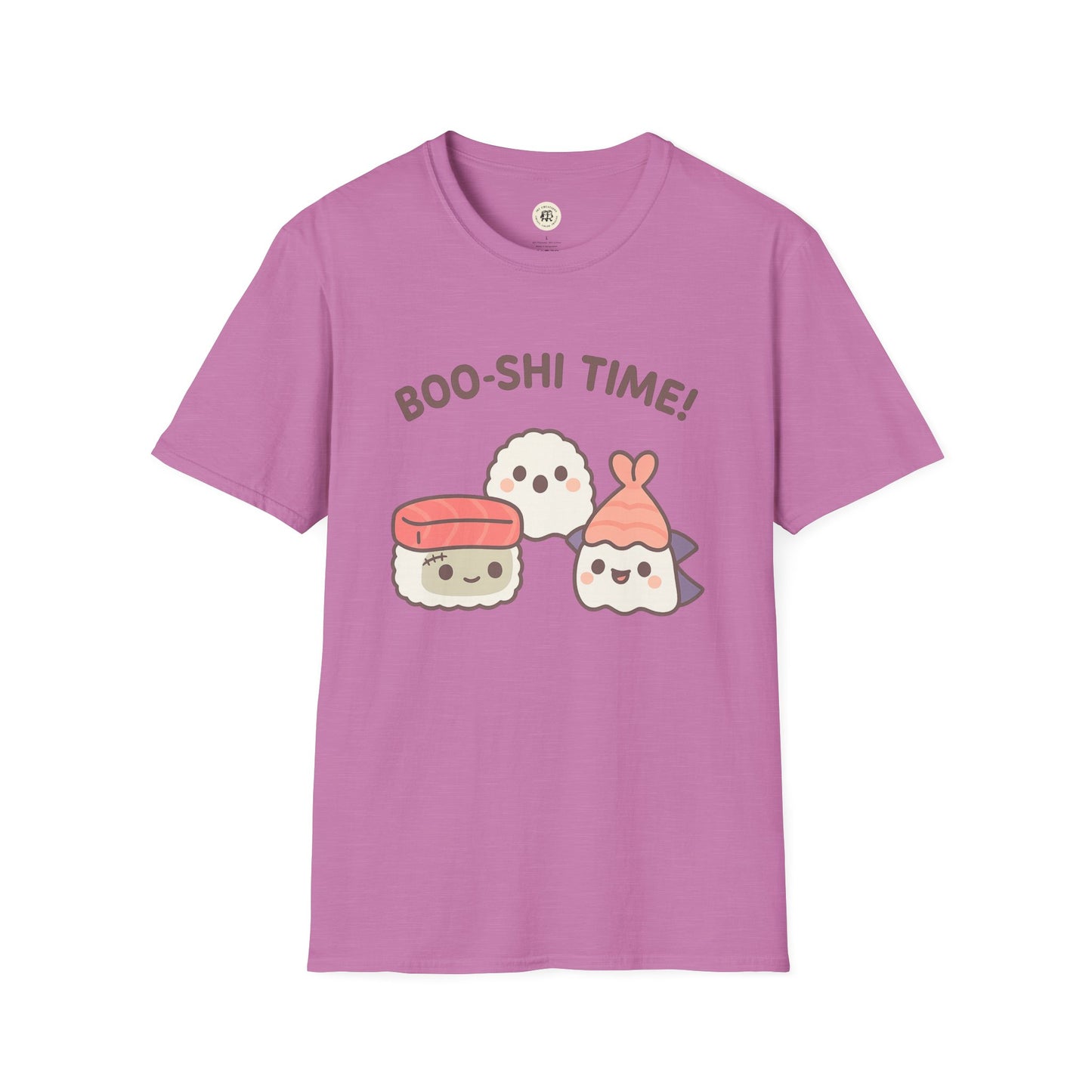 Purple kawaii sushi t-shirt featuring cute sushi characters and Boo-shi Time text