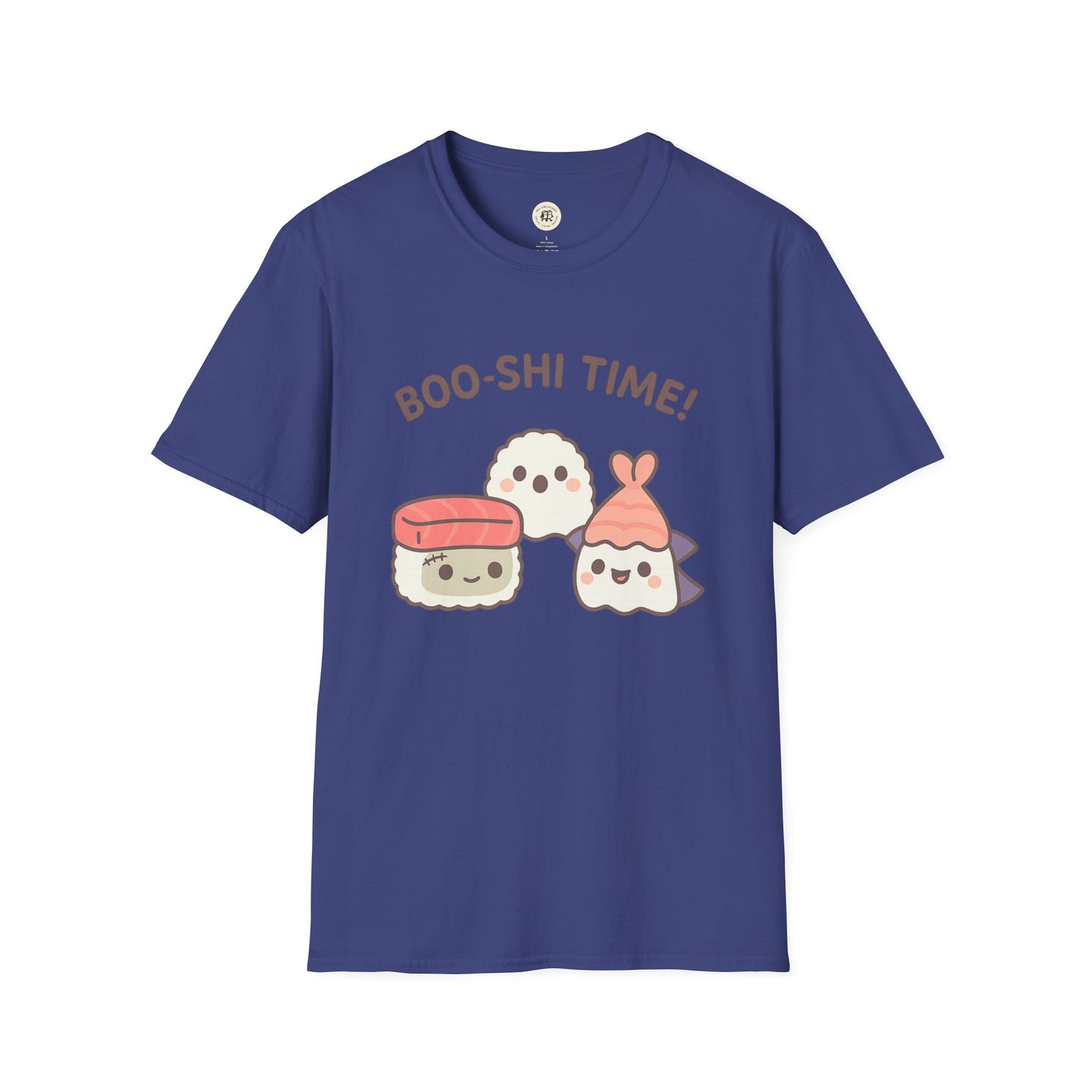 Printify kawaii sushi t-shirt in blue with cute cartoon sushi characters and Boo-shi Time text
