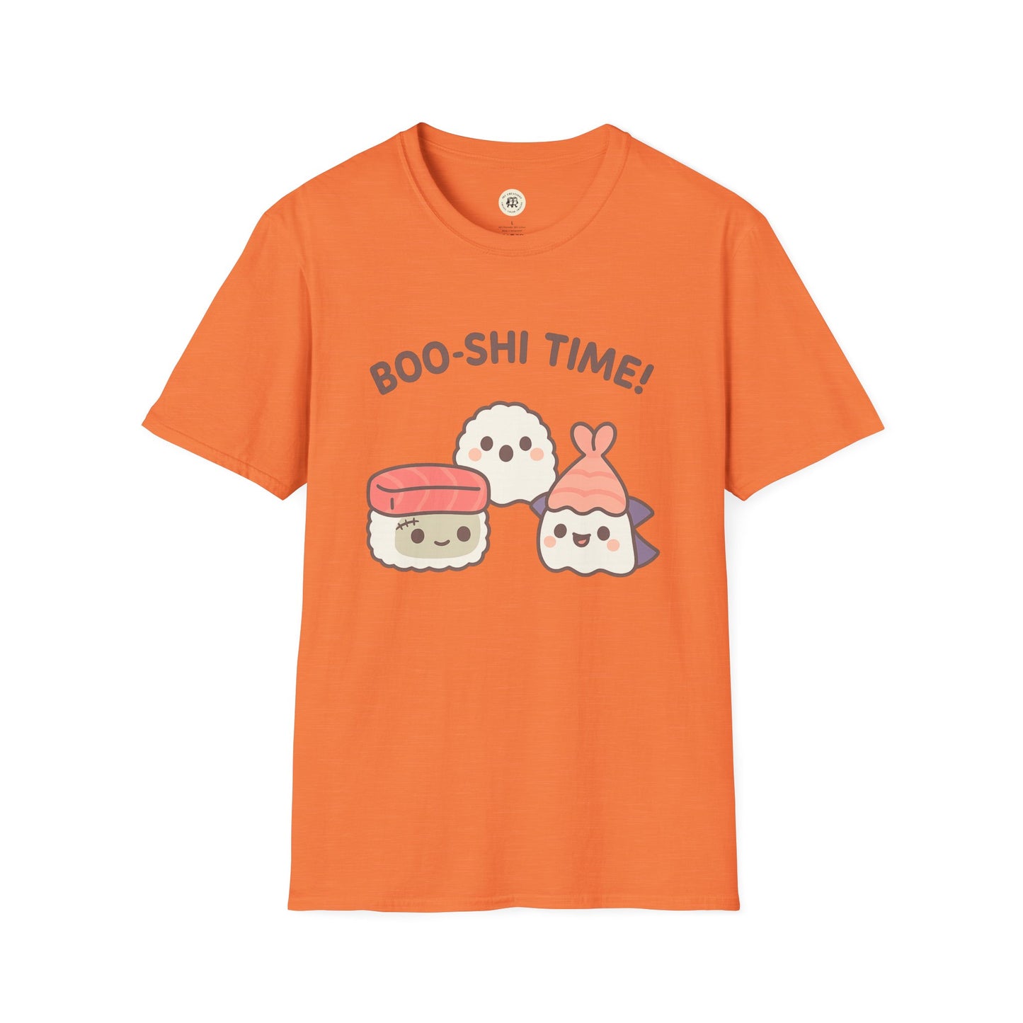 Orange kawaii sushi t-shirt from Printify featuring cute sushi characters and Boo-shi Time text