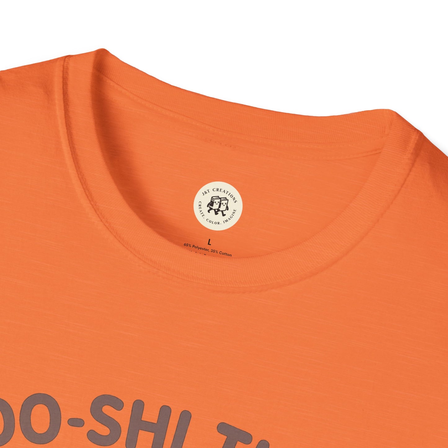 Close-up of orange Printify kawaii sushi t-shirt collar and fabric texture
