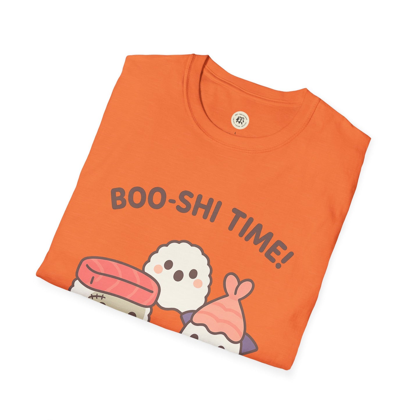 Orange kawaii sushi t-shirt from Printify featuring cute sushi characters with Boo-shi Time text