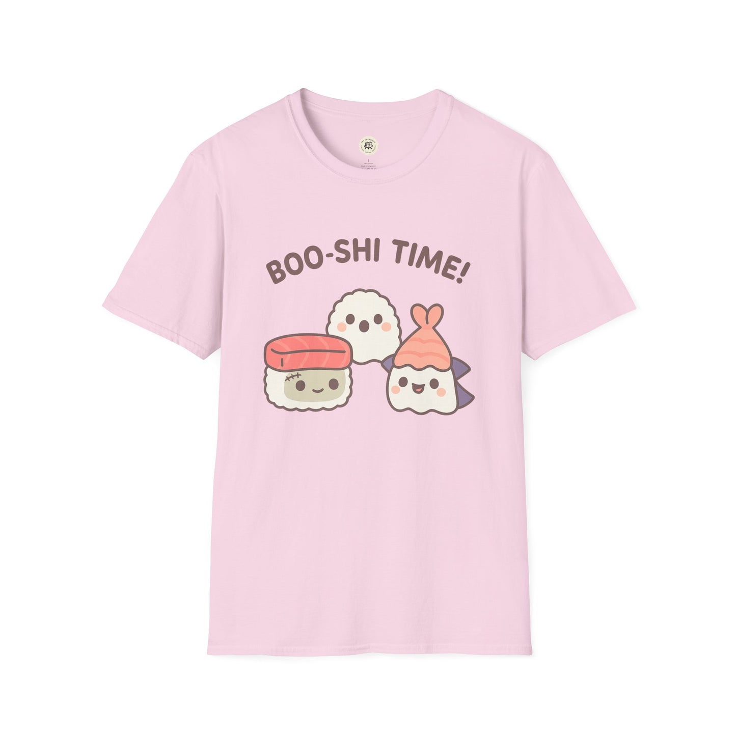 Light pink kawaii sushi t-shirt with cute sushi characters and Boo-shi Time print