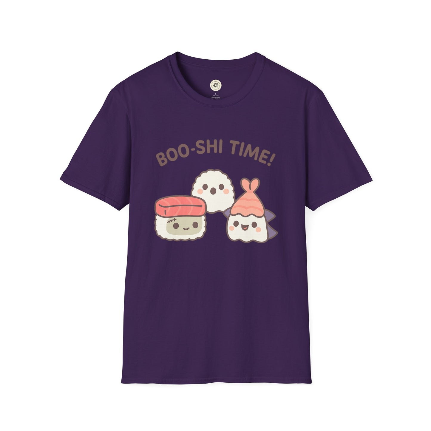 Purple kawaii sushi t-shirt by Printify featuring cute sushi characters and Boo-shi Time text