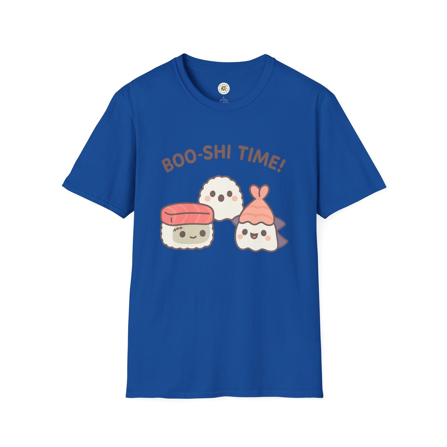 Blue kawaii sushi t-shirt with cute sushi characters and boo-shi time text