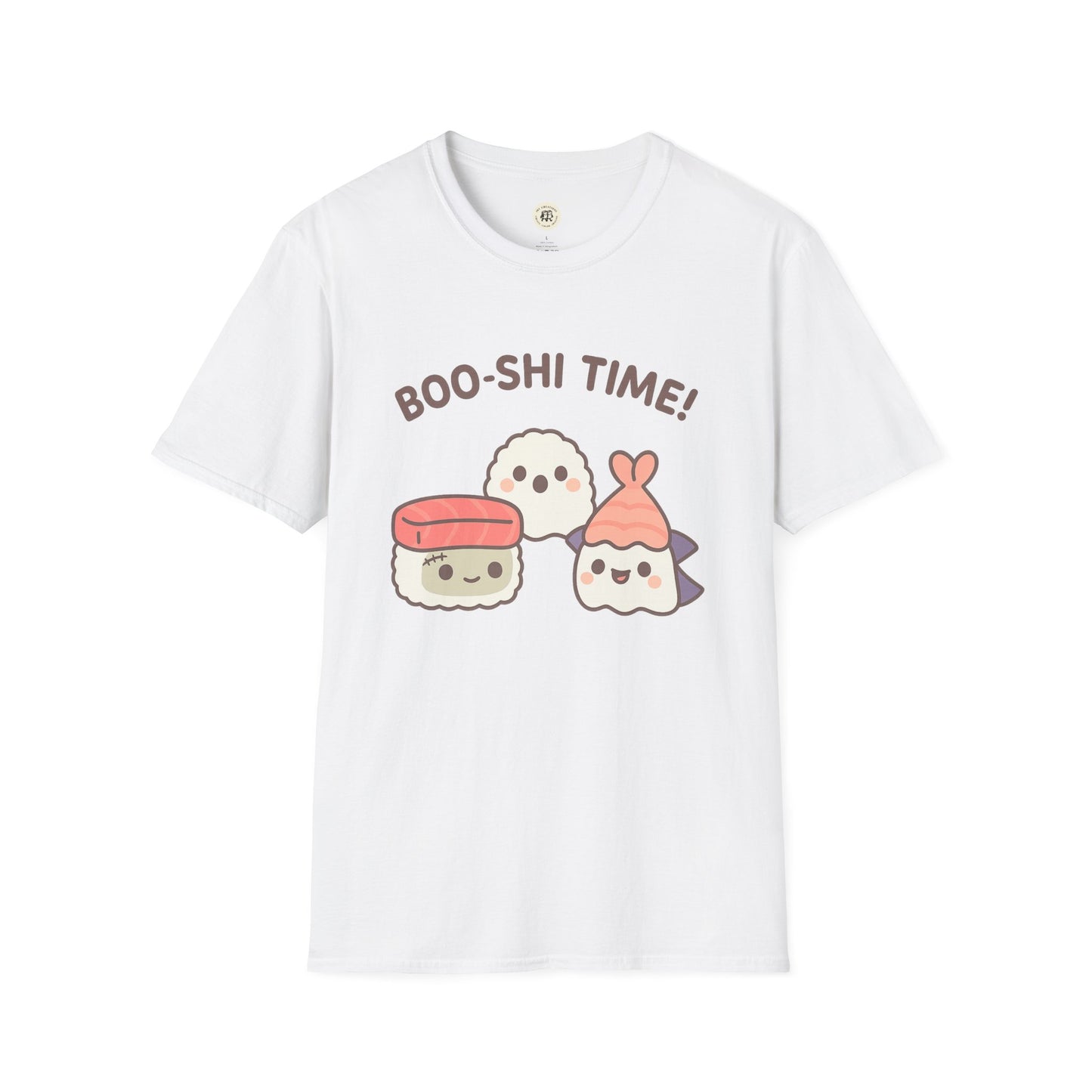 White kawaii sushi t-shirt featuring cute sushi characters with Boo-shi Time text