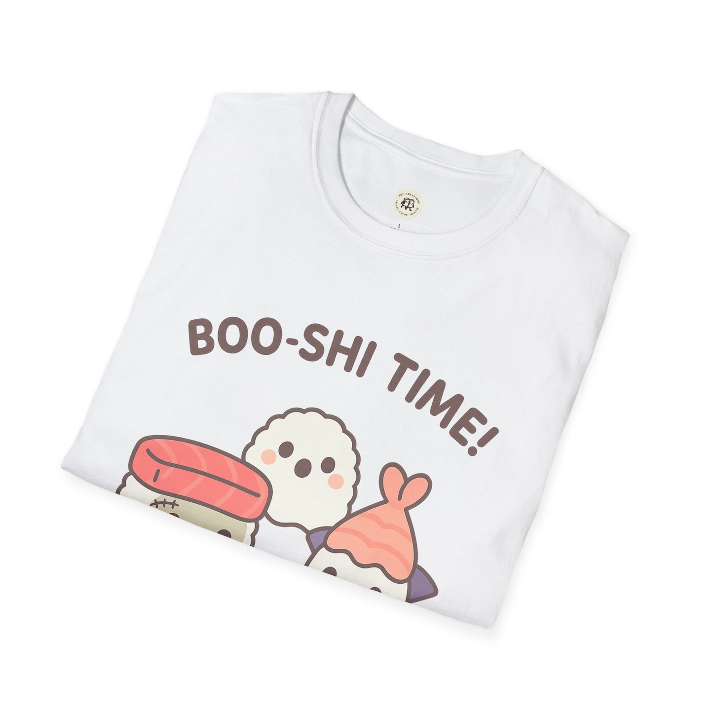 White kawaii sushi t-shirt from Printify featuring cute sushi characters and Boo-shi Time text