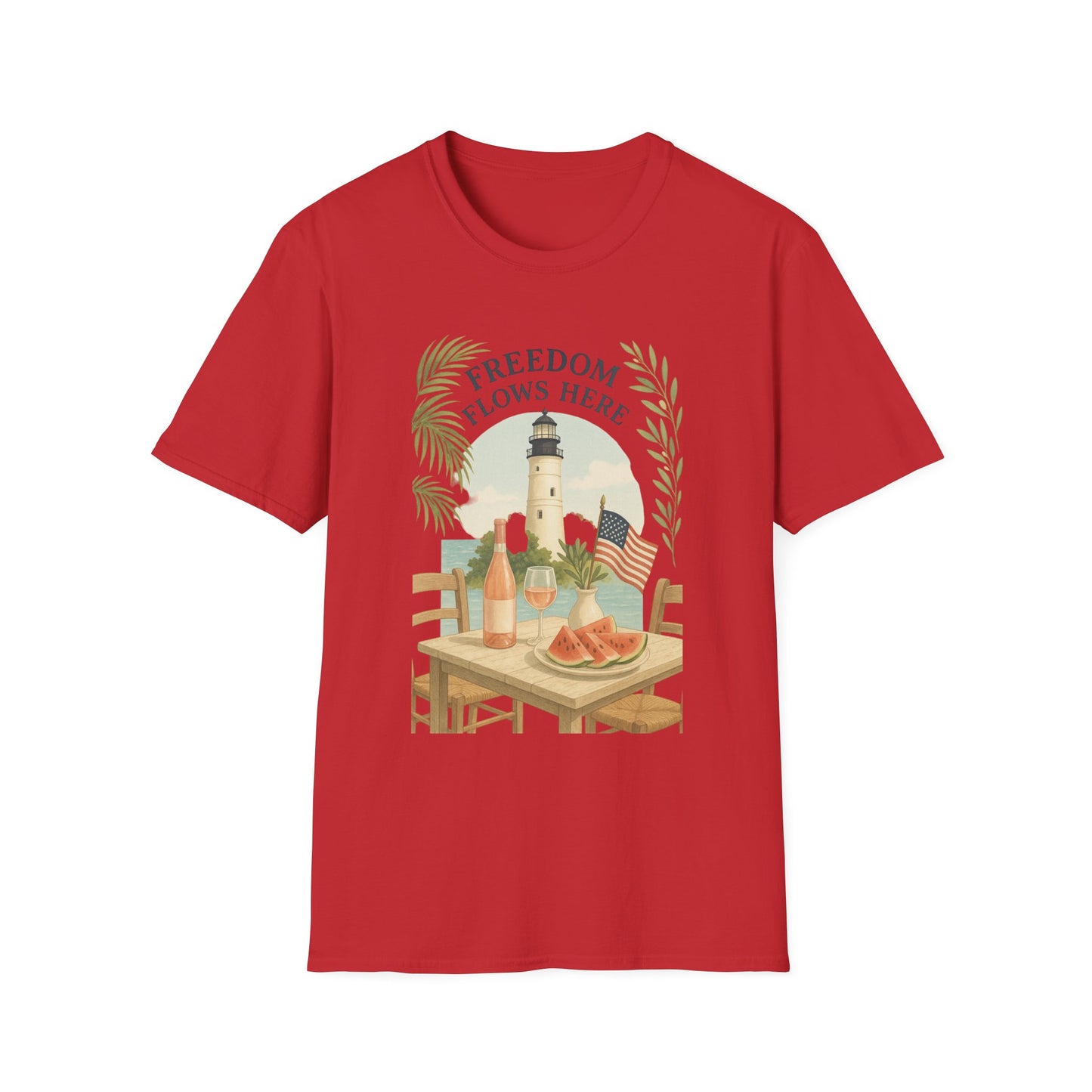 Red Printify t-shirt featuring Key West Lighthouse summer shirt design with lighthouse, watermelon, and American flag
