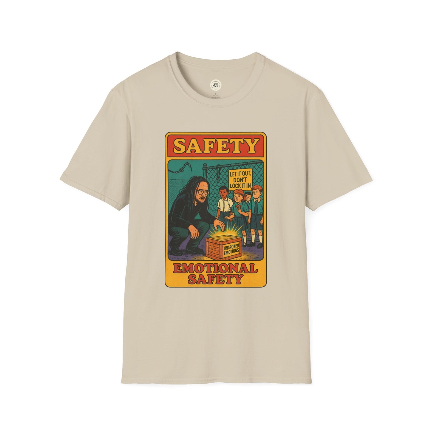 Printify Korn safety shirt beige t-shirt with emotional safety graphic design