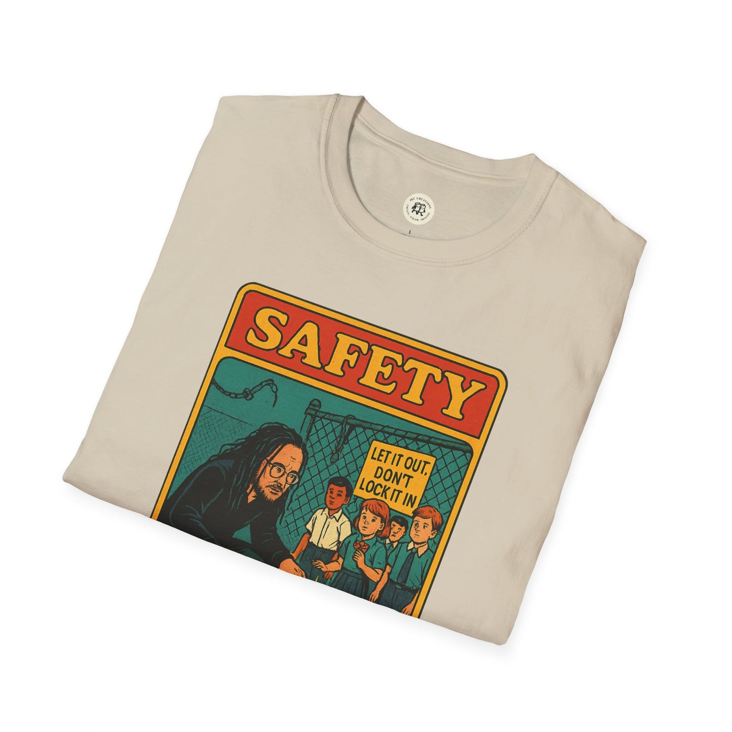 Printify Korn safety shirt in beige with colorful vintage safety poster graphic on front