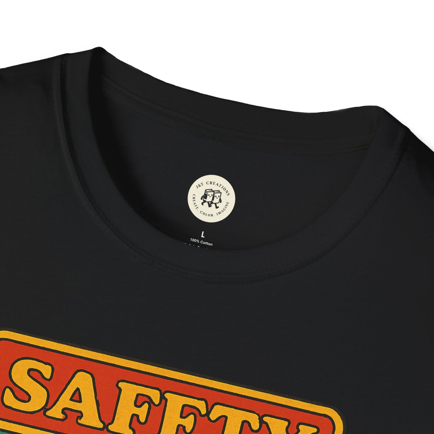 Black Korn safety shirt T-shirt with bold orange and yellow safety text printed on front