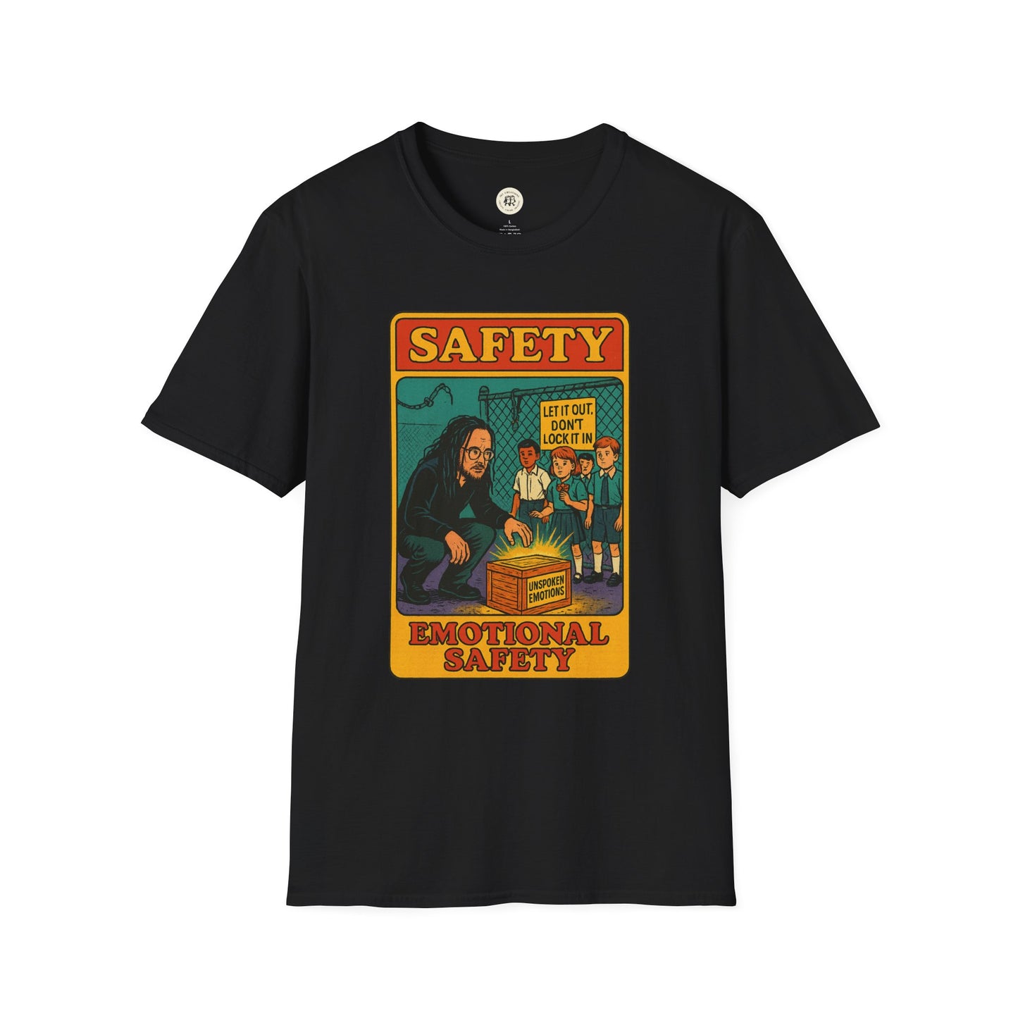 Black Korn safety shirt featuring vintage style emotional safety graphic with band illustration