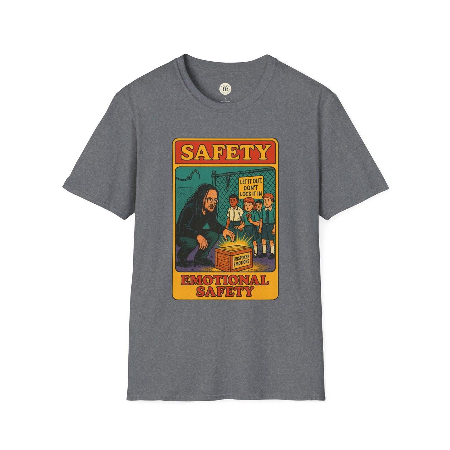Gray Printify Korn safety shirt with colorful emotional safety graphic and vintage style design