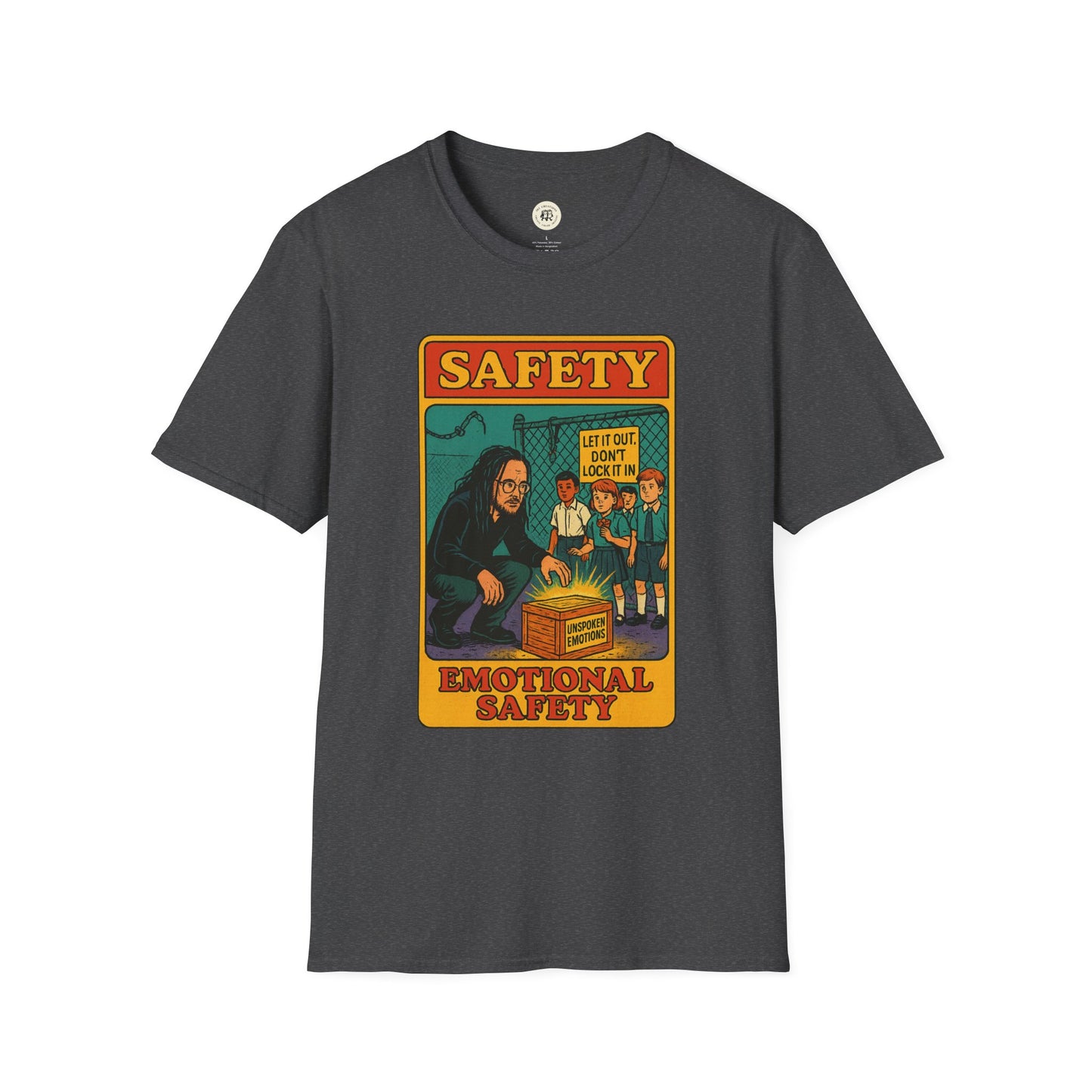Printify Korn safety shirt with emotional safety graphic and vintage style design on charcoal gray fabric
