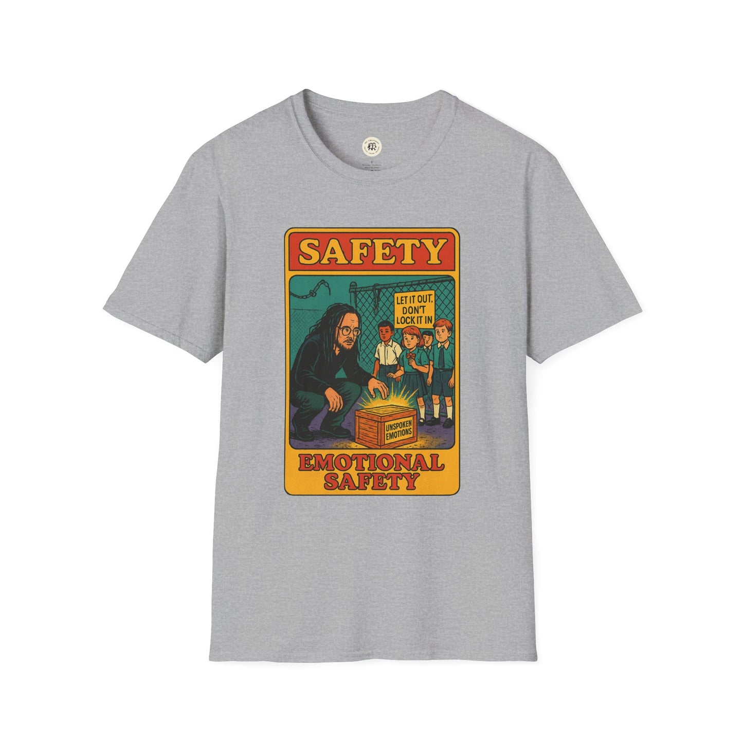 Gray Korn safety shirt with colorful vintage-style safety and emotional safety graphic print