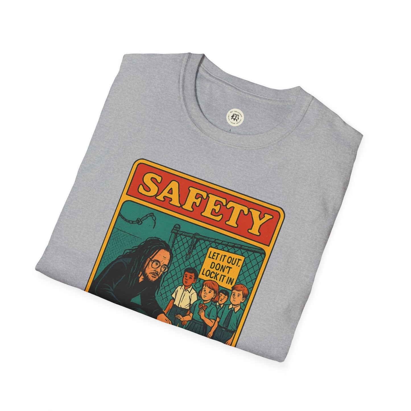 Light gray Korn safety shirt with colorful safety-themed graphic print from Printify