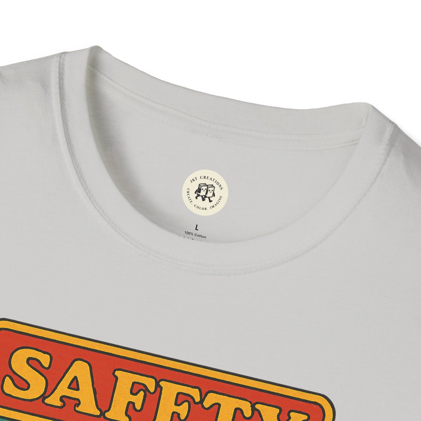 White Printify Korn safety shirt with yellow and red safety graphic on soft cotton fabric