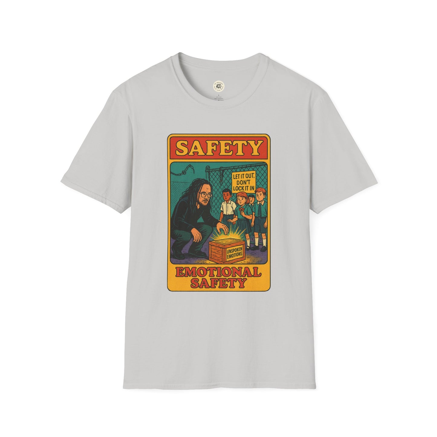 Printify Korn safety shirt with vintage style safety and emotional safety graphic on gray fabric