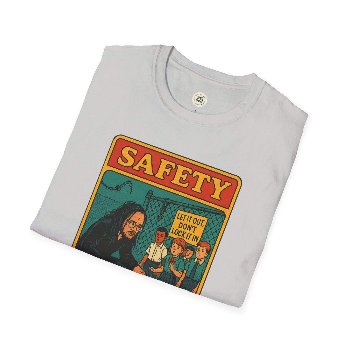 Folded white Korn safety shirt from Printify featuring colorful vintage safety illustration