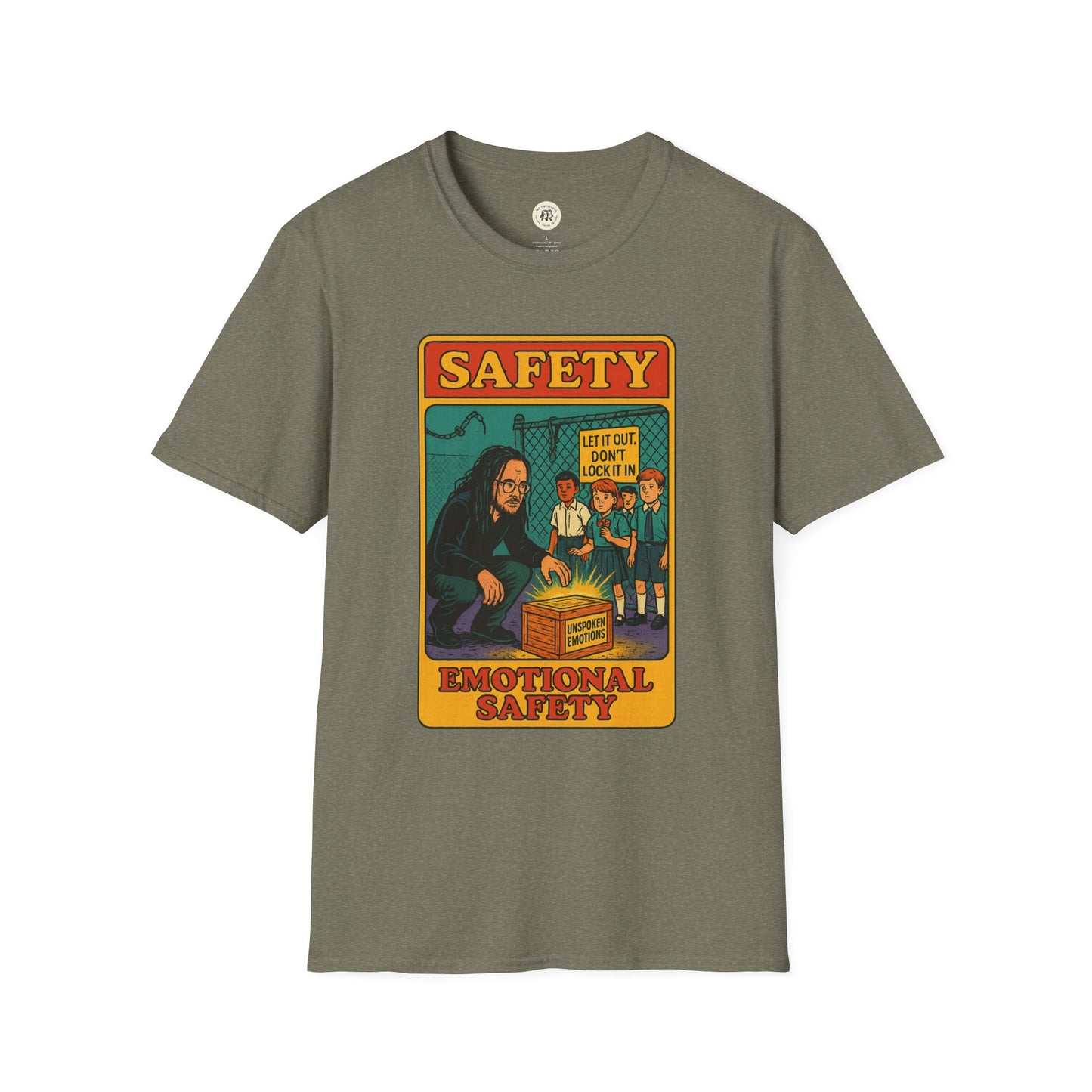 Korn safety shirt olive green t-shirt with emotional safety graphic by Printify