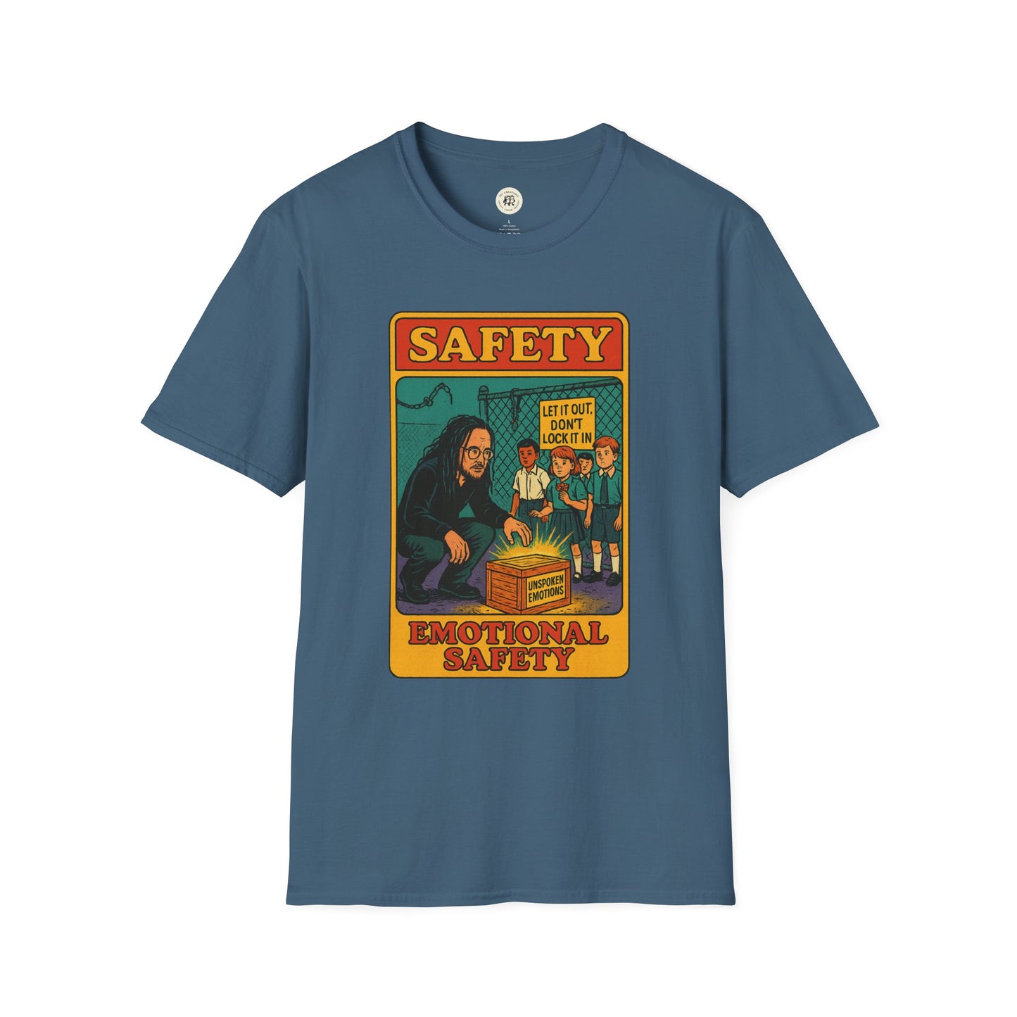 Printify Korn safety shirt in blue with emotional safety graphic and retro design