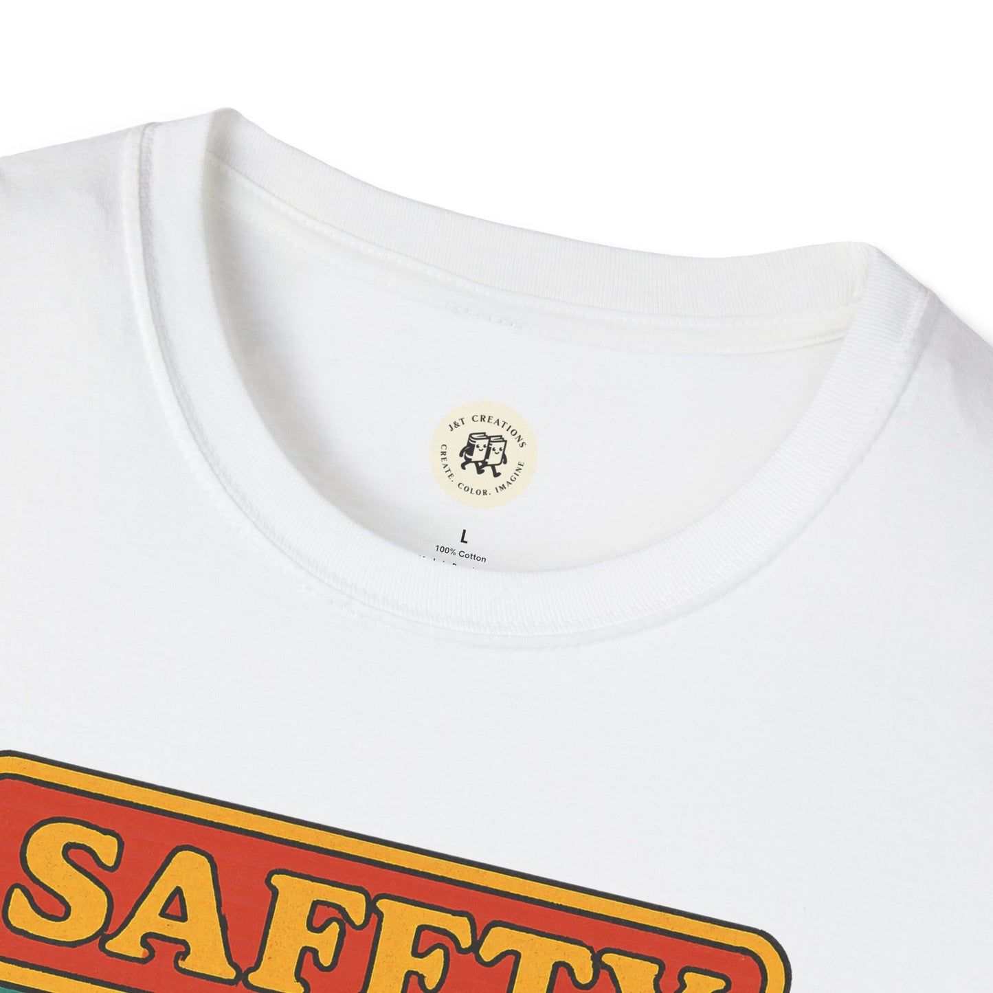 White Korn safety shirt by Printify with round neckline and colorful safety graphic design