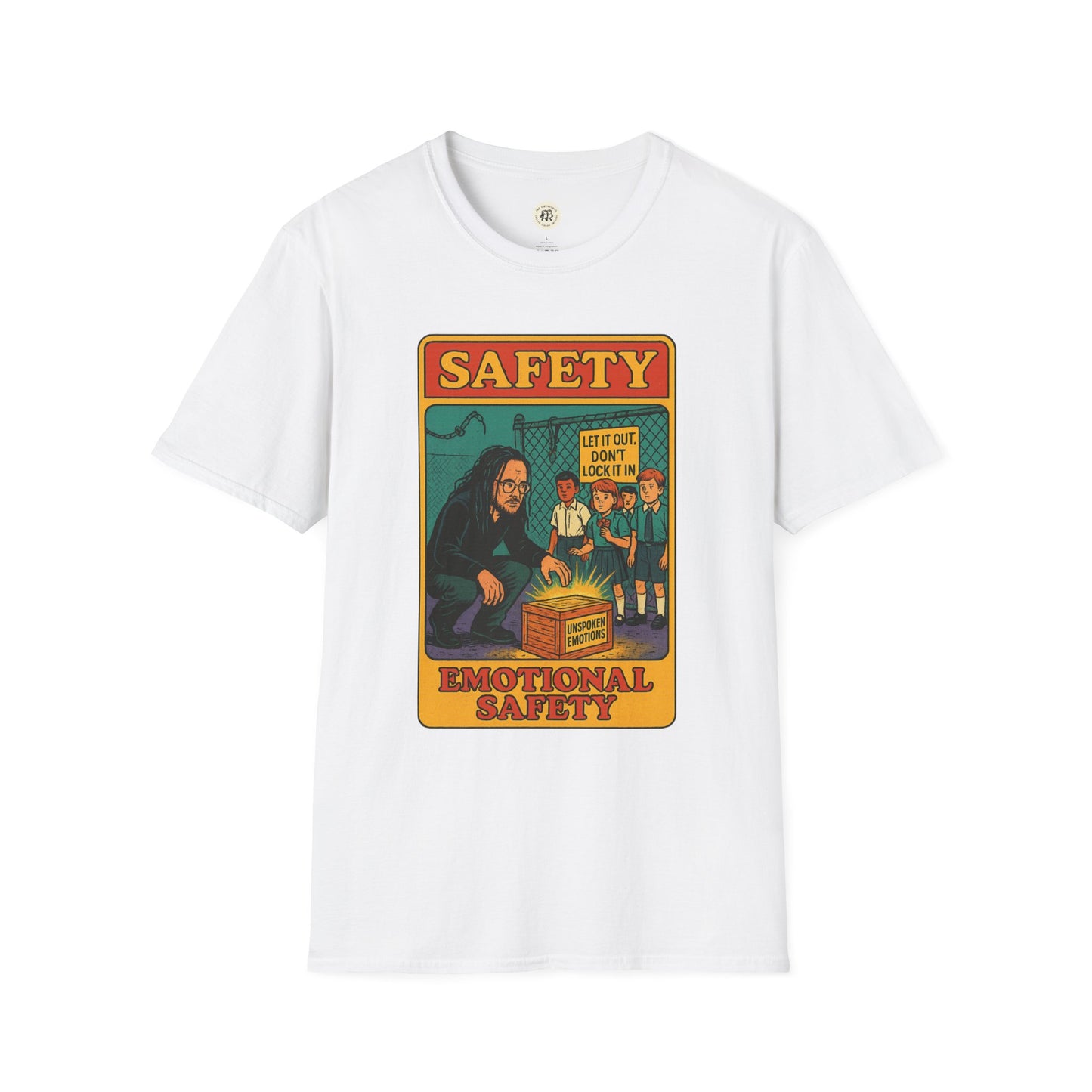 White Korn safety shirt by Printify featuring emotional safety graphic design on front