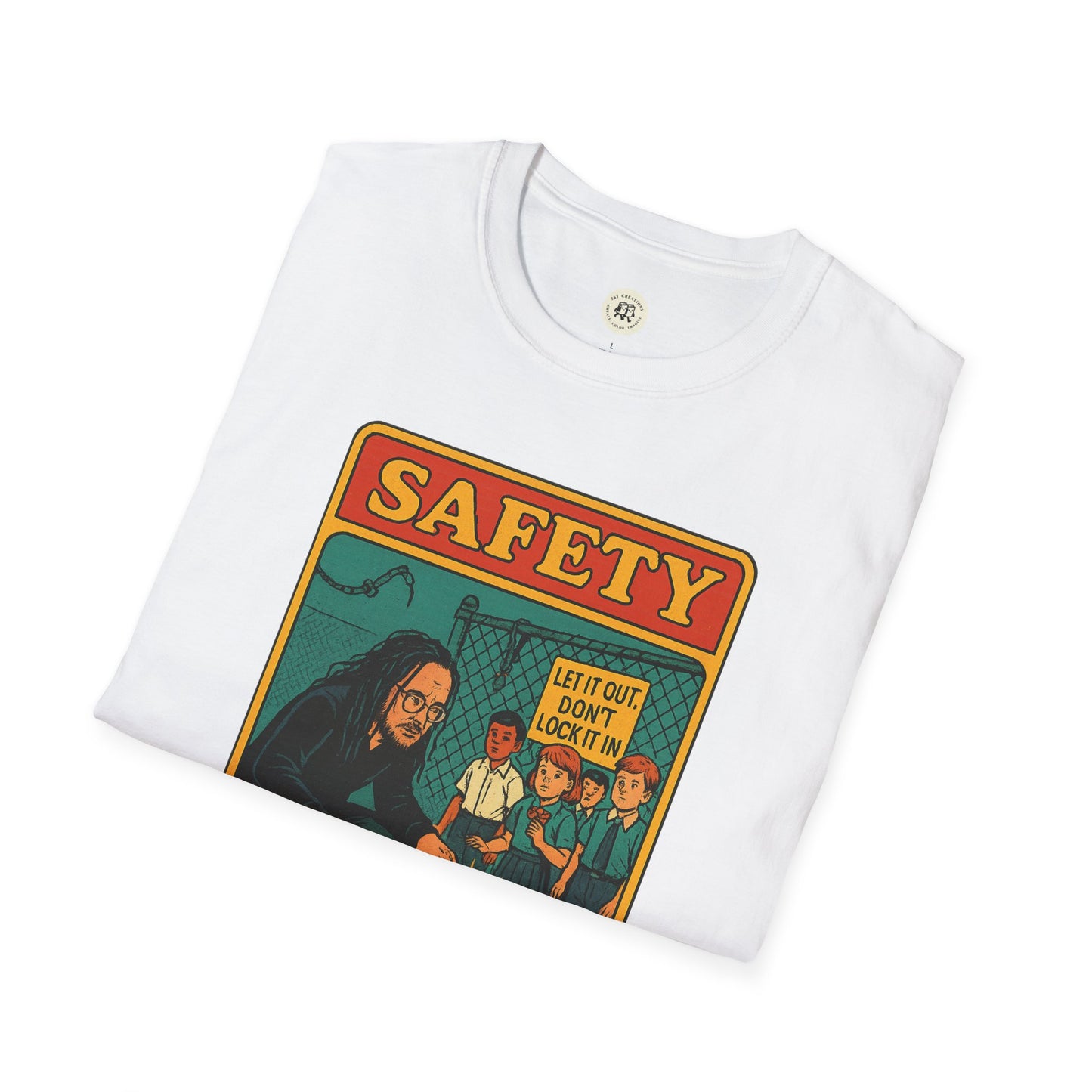 White Korn safety shirt with colorful safety-themed graphic printed on front by Printify
