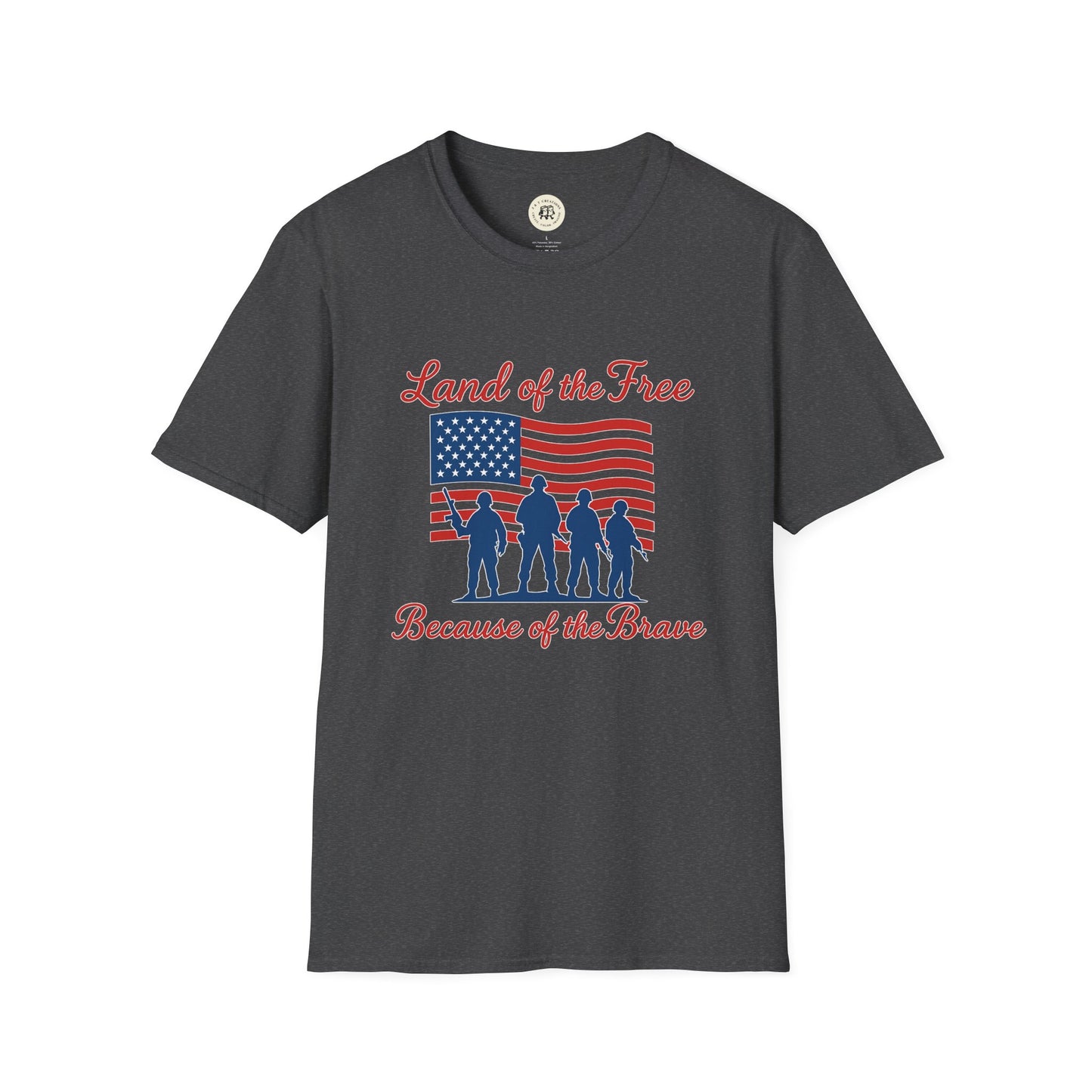 Printify Land of the Free shirt with American flag and soldier silhouettes on dark gray fabric