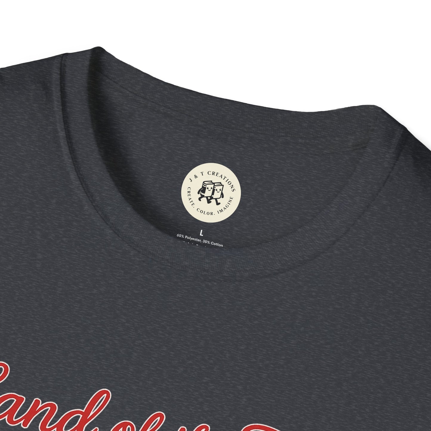 Close-up of black Land of the Free shirt by Printify featuring a soft fabric crew neckline