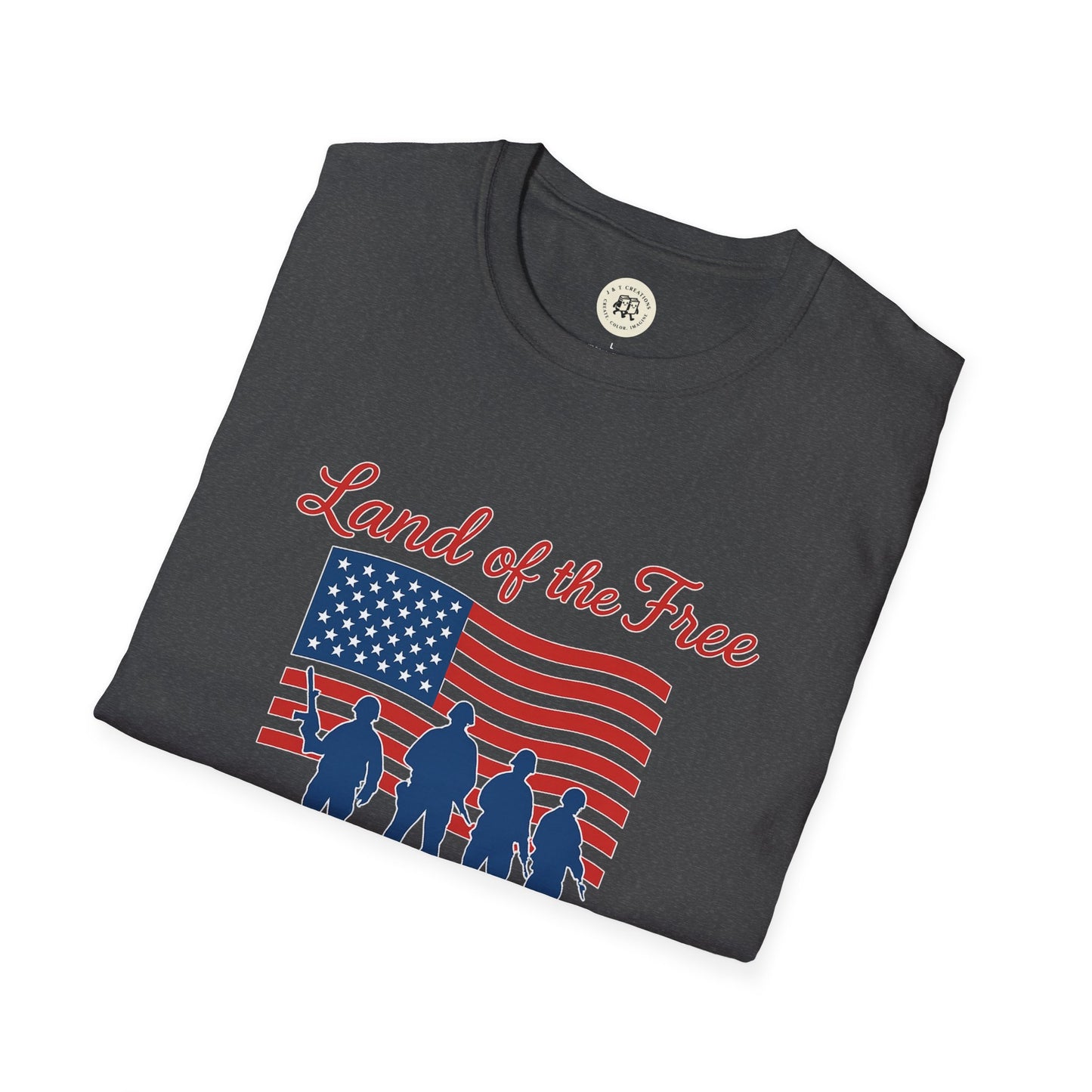 Printify Land of the Free shirt with American flag and soldier silhouettes in red and blue