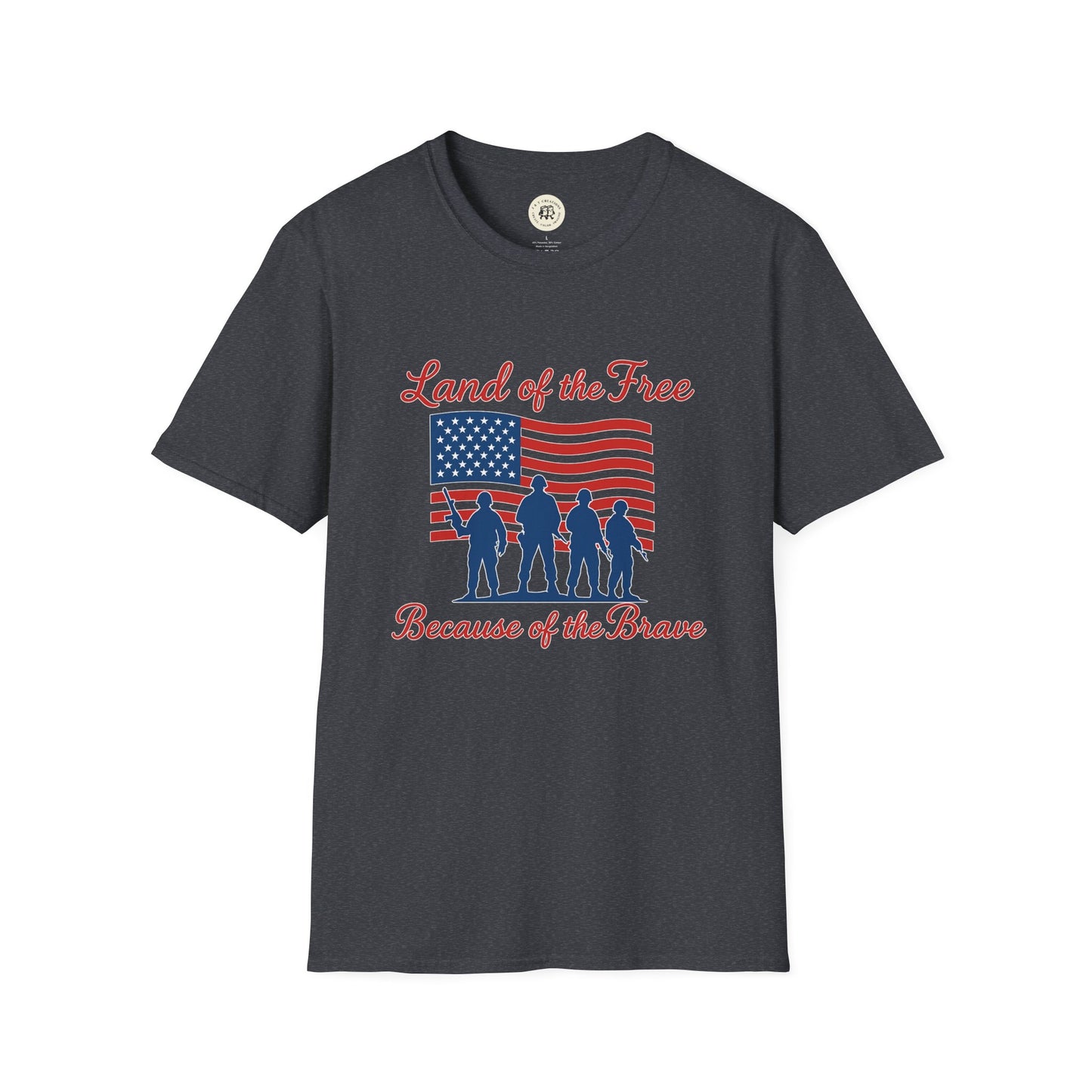 Dark gray Printify Land of the Free shirt with American flag and soldier silhouettes graphic