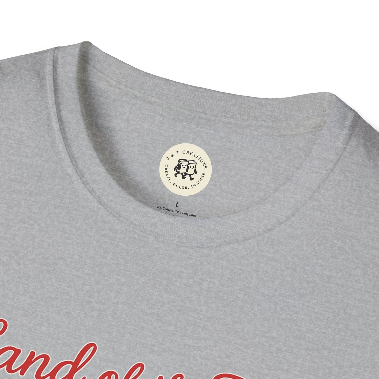 Close-up of gray Land of the Free shirt collar and partial red text print by Printify